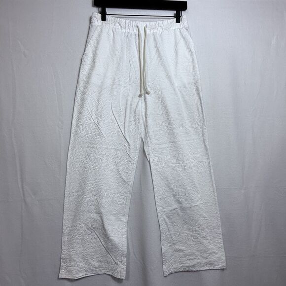 J.Crew Pull On Wide Leg Cropped White Seersucker Pant Womens Size L Beachy AW134 - Picture 1 of 8